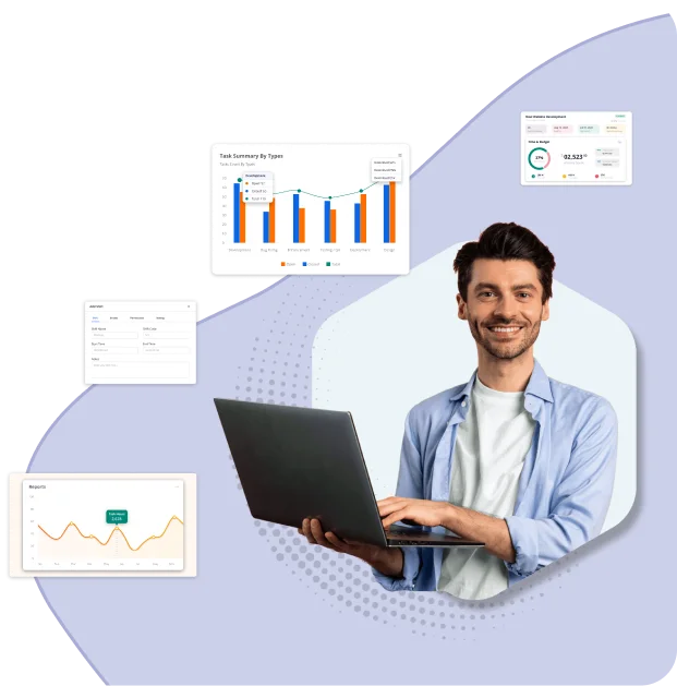 A man holding a laptop stands in front of multiple floating data charts and graphs,