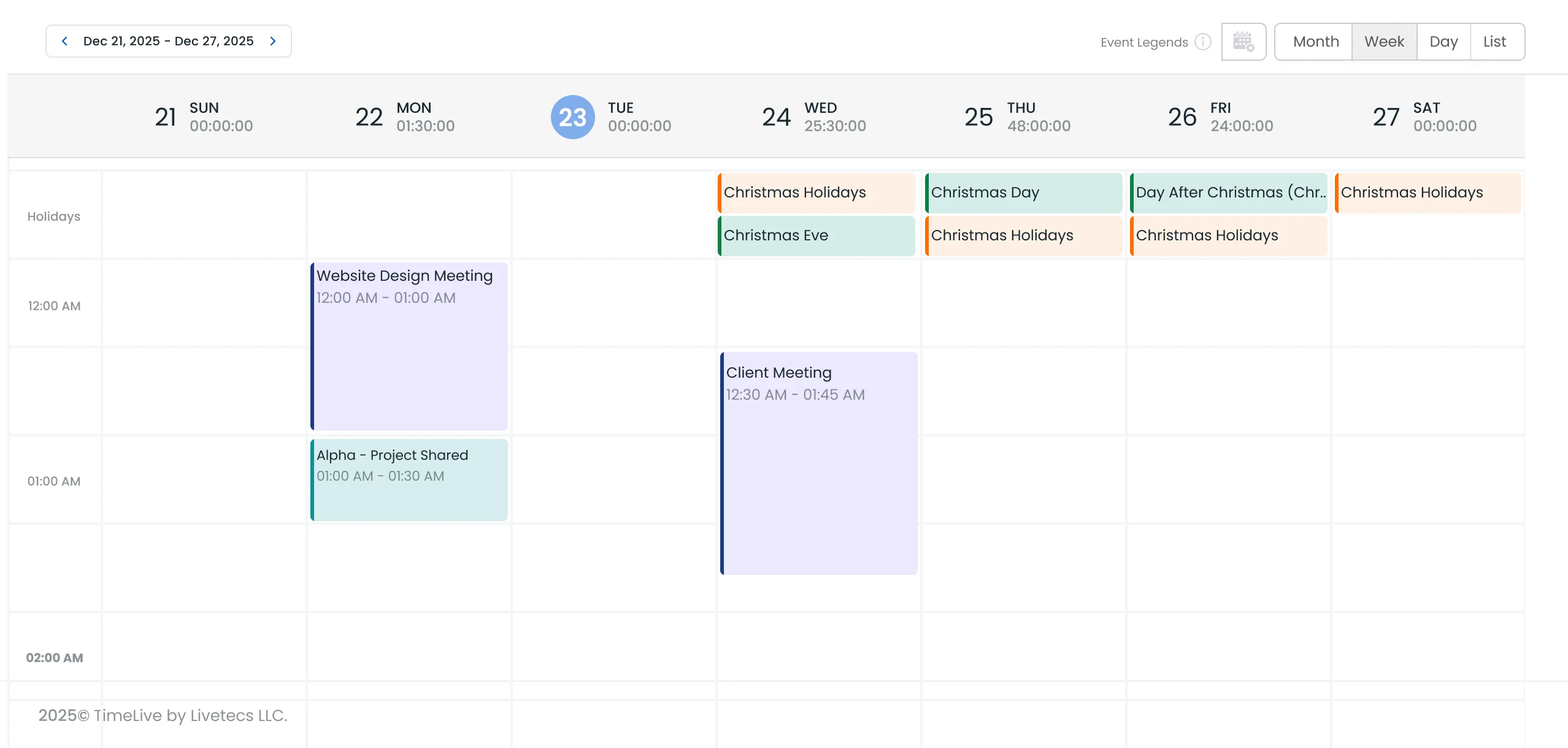 Calendar for December 21-27, 2023, showing meetings and holiday events.