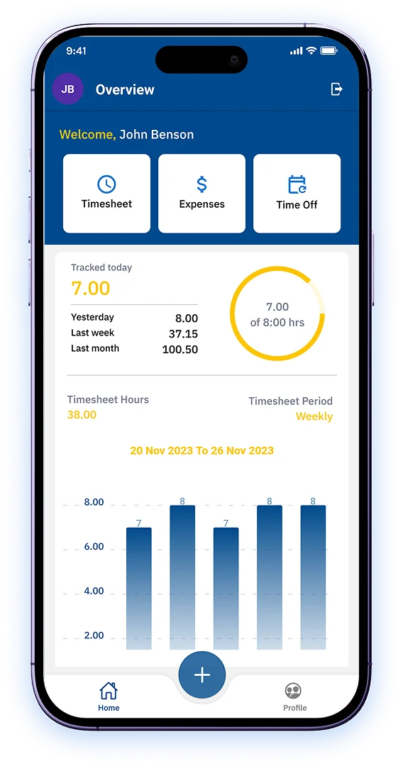 Mobile app overview screen displaying tracked hours, expenses, and time off