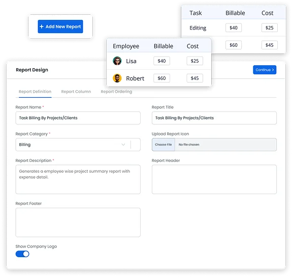 A user interface for a reporting tool, featuring sections for report design, employee billing, cost, and uploading project information.