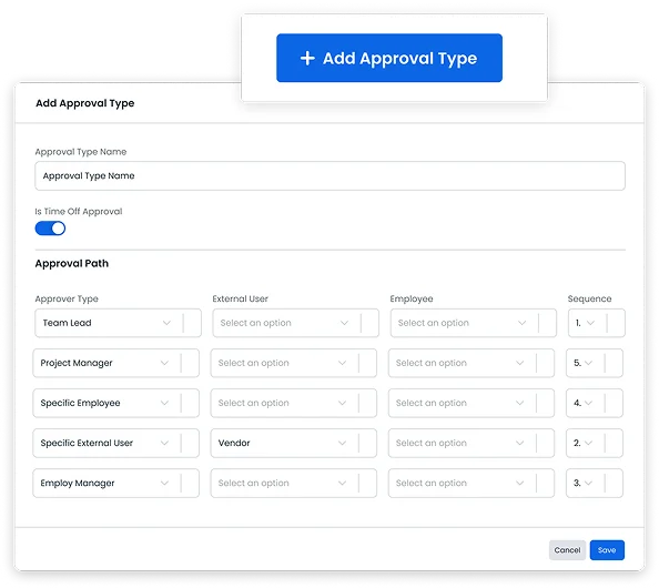Add Approval Type form with fields for Approval Type Name, Is Time Off Approval, and an Approval Path section for selecting approvers and employees.